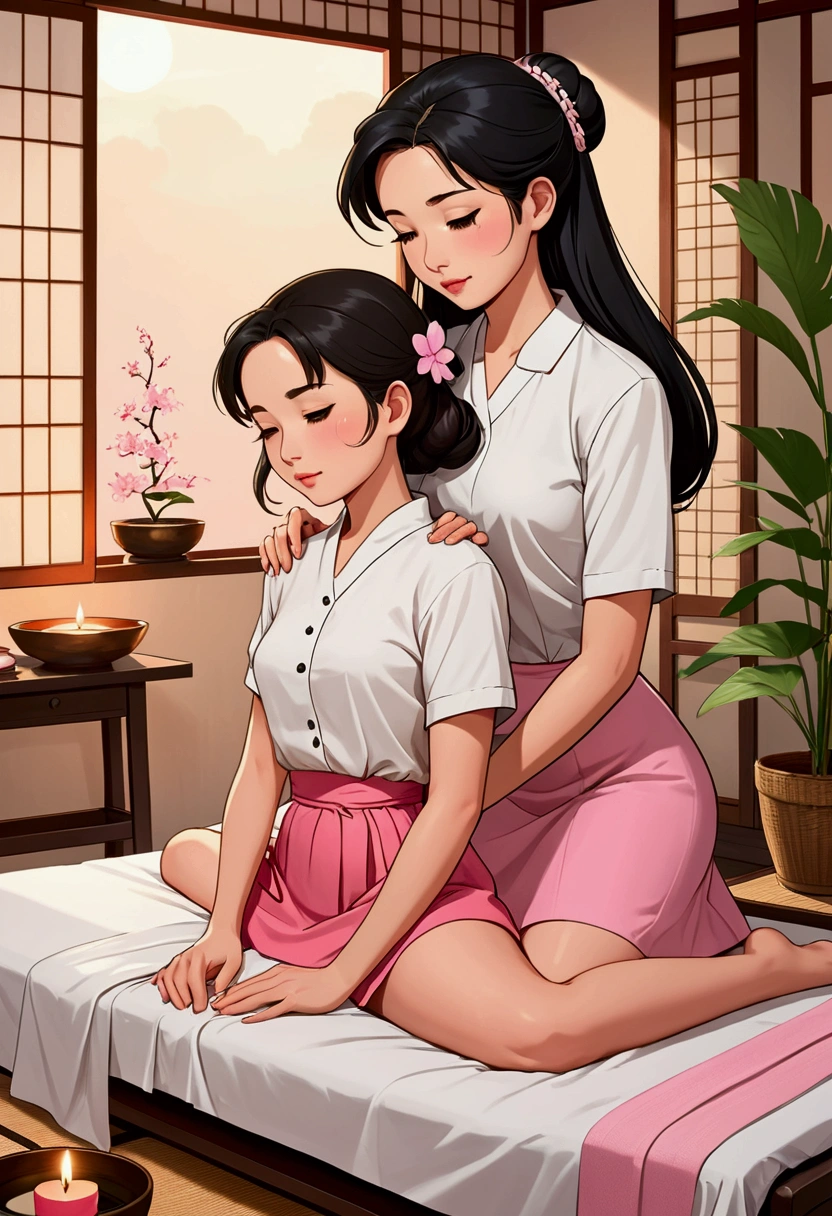 create an idyllic image of two women in love in anime illustration style, one is a beautiful and shy Asian with long black hair, dressed in a 50s style with a white shirt and a pink skirt who is sitting sideways, giving an innocent and relaxing Thai massage to a beautiful and sweet young British woman with light brown hair tied in a bun, who is lying face down on a stretcher covered with a white sheet and only with her back uncovered receiving her massage, the atmosphere is cozy and intimate between them and is full of scented candles