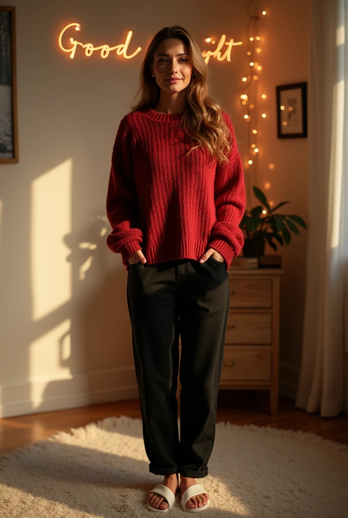 Full body image of a woman wearing a red long-sleeved sweater, black pants, and white sandals with the words  "Good night"