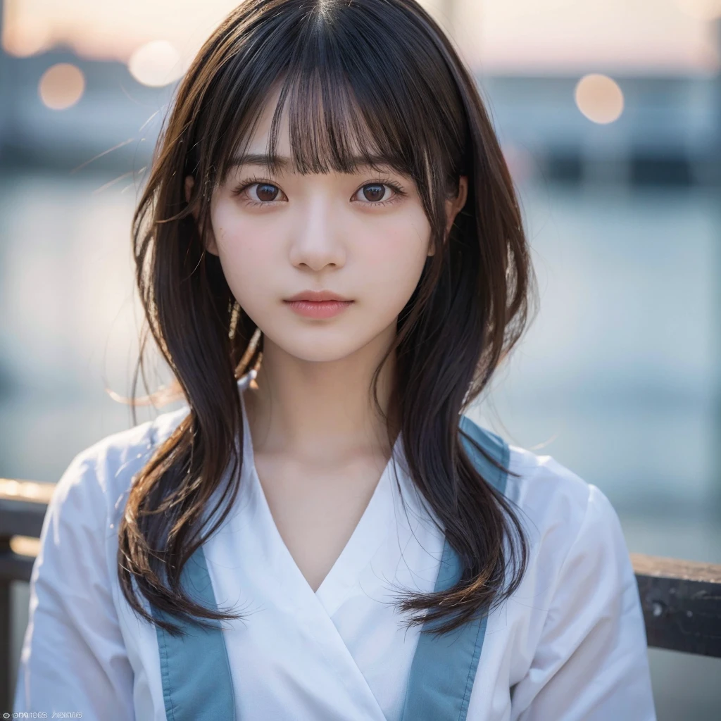 (Highest quality,masterpiece:1.3,Ultra-high resolution),(Very detailed,Caustics,8k),(Realistic:1.4,RAW shooting),18-year-old,Japanese,,Super detailed, Ultra-high resolution,超高精細8k,Highest quality,Very detailed,masterpiece,Realistic,Rich details,Photographic realism,18-year-old,Japanese cute日本の少女,Looking at the camera, Good figure,Rembrandt Lighting, (photoRealistic:1.2), (Highest quality), (Detailed skin:1.3), (Intricate details), Ray Tracing,One person, In detail,real，Scattered beneath the surface,(blush:0.5), Detailed skin texture,Detailed lips，Beautiful Lips, Detailed face、 cute, Black Hair, Long Hair, (Wavy Hair:1.2), (Blunt bangs:1.2),笑顔でLooking at the camera,Sailor suit,forward leaning posture,Waist up shot,(Face Focus:1.1),(Face close-up:1.1),Natural light,Front of face，Sunset