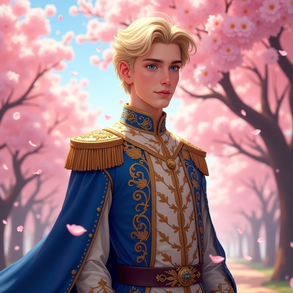 A young man, 22yo, light blonde hair, short hair, white skin, blue eyes, royal clothes, a prince clothes, a spring background with cherry trees. (Do it with a style similar to the game love and deepspace). Semi realist