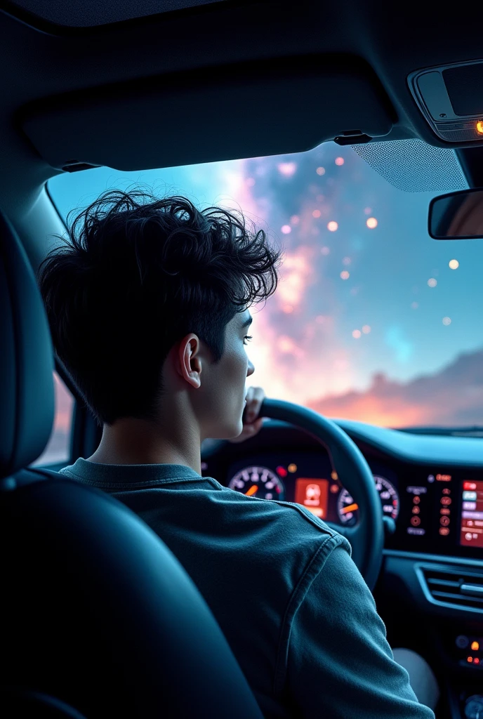 A young man driving the car with the image of space 