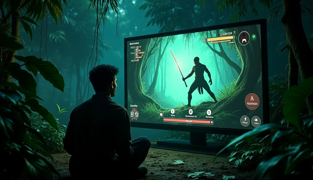 Context:
A man plays Ninja vs Khmer Ghosts on a PlayStation 2 in 2003, using a large TV screen to experience the gameplay in a tropical jungle in Cambodia. The game is an action-adventure game that puts players in the role of a ninja battling Khmer ghosts and spirits that haunt the jungle. TV screen shot.:
mapและ HUD:
map: แสดงmapของป่าที่มีรายละเอียดการสำรวจ เช่น เส้นทางเดินป่า, Important places, and enemy position HUD: Important information on the screen includes the character's health., Ammunition or weapons used, และจุดประสงค์ของภารกิจ
Main charactersและสถานการณ์:
Main characters: A ninja with an agile and ready-for-battle stance is traveling through a forest full of mystery and danger. Situation: Main charactersกำลังต่อสู้กับกลุ่มผีเขมรและวิญญาณที่มีลักษณะน่าสยดสยอง การต่อสู้อาจเกิดขึ้นในบริเวณที่มืดและทึบแสง