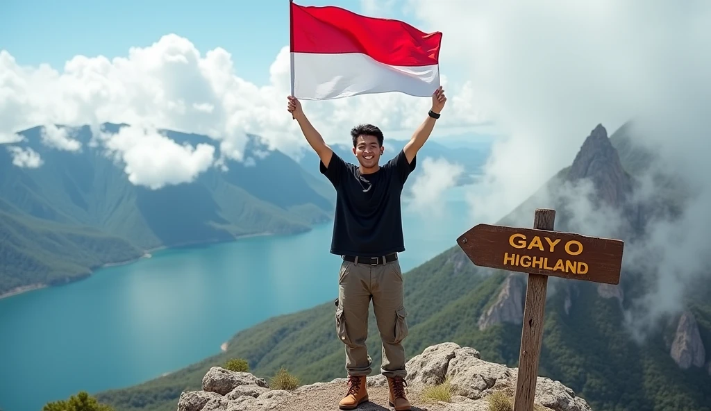 Professional photography of a Korean man in a baseball cap, baggy black t-shirt, cargo trousers, boots, standing at the top of a mountain, waving an Indonesian flag, surrounded by rocky terrain with a view of the lake below. A sign reads "GAYO HIGHLAND", the partly cloudy sky adds to the background of the scene, as he smiles at the camera.