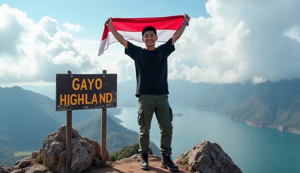 Professional photography of a Korean man in a baseball cap, baggy black t-shirt, cargo trousers, boots, standing at the top of a mountain, waving an Indonesian flag, surrounded by rocky terrain with a view of the lake below. A sign reads "GAYO HIGHLAND", the partly cloudy sky adds to the background of the scene, as he smiles at the camera.