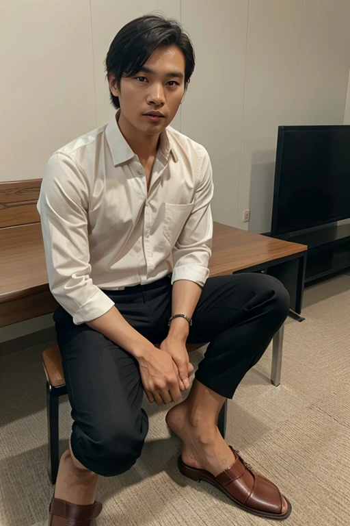 an Indonesian man wearing Korean style trousers, Korean style shirt and, sitting on a chair facing forward. the picture looks like it was taken by a professional photographer, detailed picture,