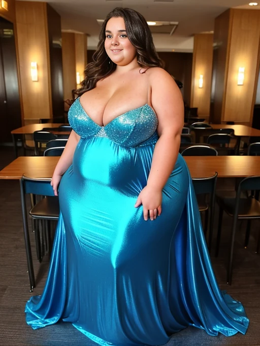 A very fat 16 year old girl at school prom, massive belly, very fat, big boobs, giant butt, cubby arms, large thighs, wearing a long blue formal dress, long wavy hair, belly very big, bloated belly, full body view, dim lights, flashy lights, next to food bar, is happy, wearing heals