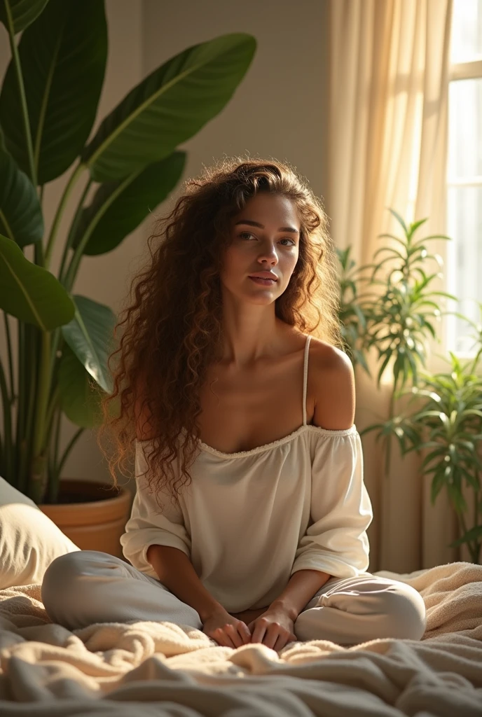 (photorealism:1.2), beautiful woman, sitting on bed, wearing loose off-shoulder top, pajama pants, long curly hair, indoors, soft lighting, plants in background, window with sunlight, cozy room, relaxed pose, realistic, intricate details, warm colors, by Greg Rutkowski, by Alphonse Mucha