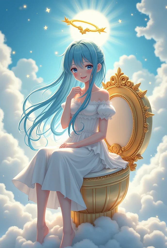 a anime girl with blue hair and a halo and perfect white chlotes from the heeavens and she is taking a huge dump on a toilet toilet from the heavens
