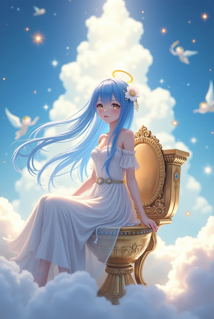 a anime girl with blue hair and a halo and perfect white chlotes from the heeavens and she is taking a huge dump on a toilet toilet from the heavens