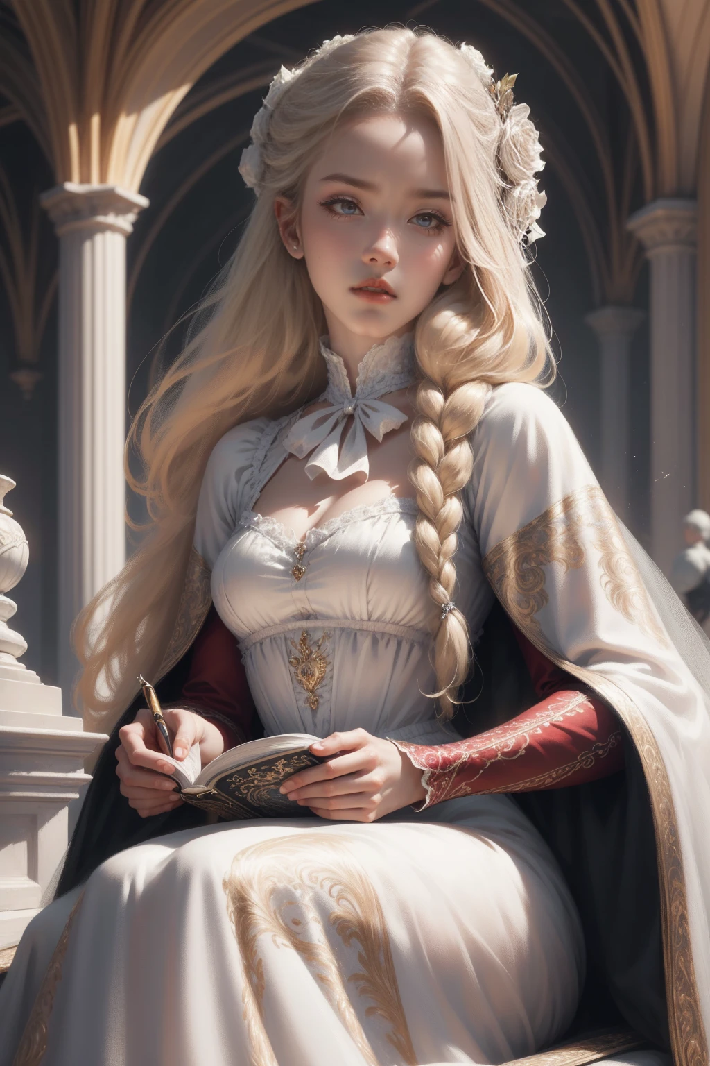 (Masterpiece - Ultra-detailed, very high resolution) Prepare to be enchanted by a true masterpiece that combines ultra-detailed art with high-resolution rendering. This work depicts a mesmerizing woman with very long blond hair (1.3) and captivating gray eyes (1.2), emanating an aura of elegance and mystery in Victorian settings. The intricate details and realistic textures invite you to explore every aspect of this enchanting composition. Woman wearing beautiful classic Victorian costume from the year 1878. Red lips. Happy face. Smiling. white (white) dress. Walking, sitting, laying down, writing, reading, backwads, looking back, upper body, dynamic poses. Get ready to dive into a world where beauty and craftsmanship merge perfectly.