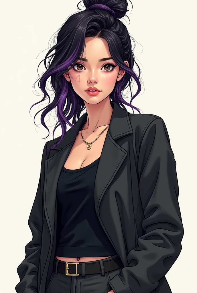 20 year old college woman would be she has long and very dark hair, with a few purple lighting points. Eyes in a dark brown shade, she usually has a loose bun, wear clothes in neutral colors (usually makes a play with black and gray and white details, It has a kind of dark academia style, no back ground, graphic novel art style