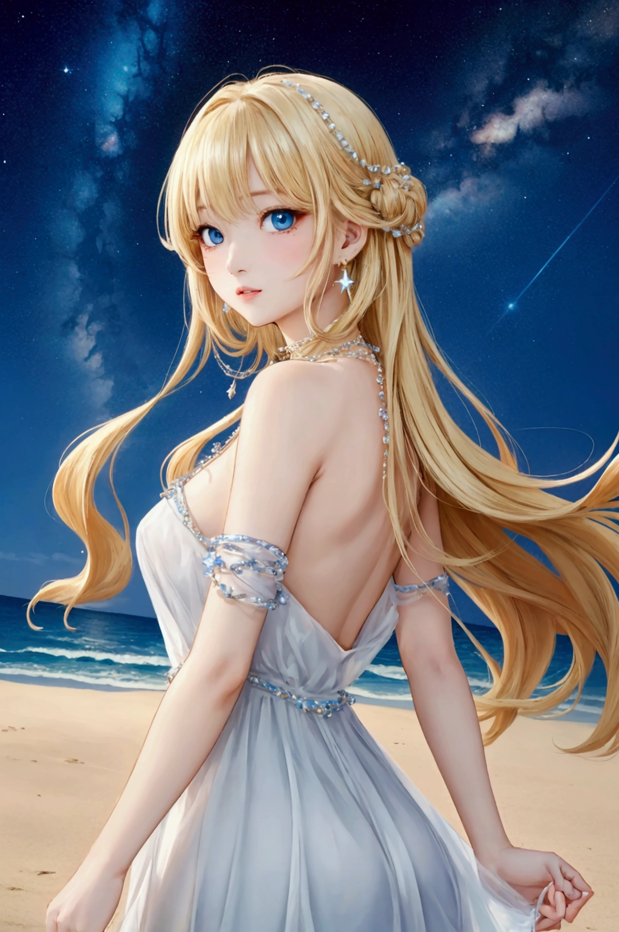 (masterpiece、Highest quality、8k、High resolution)、(The best beautiful girl)、Best Style、(The most beautiful face)、Clear skin、Clean blue eyes、Beautiful lips、Beautiful nose、Blonde Hair、Ample breasts、Walking on the sand、look back、Ocean、You can see the forest、A bright night with stars visible、Beautiful starry sky、milky way、(体whole bodyから神秘的な光の粒子、Colorful Light)、The face looks beautiful、(jewelry、necklace)、dress、(whole body)、Highly detailed anime art、A complete portrayal、