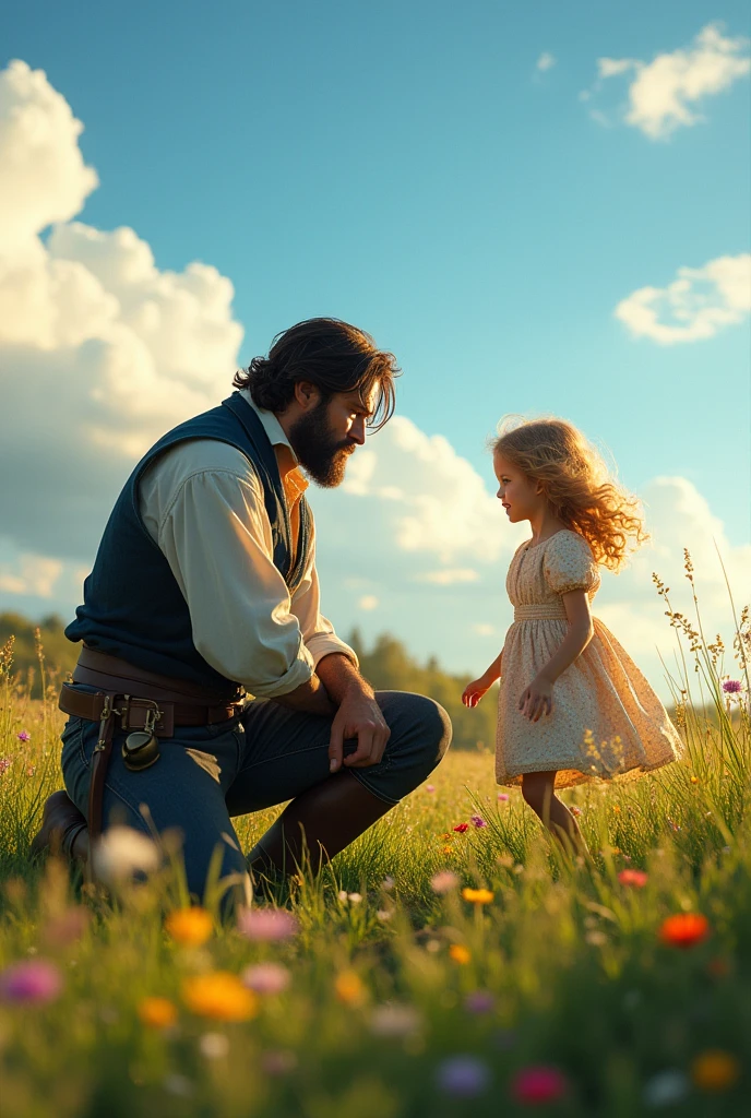 Jean Valjean with a bell tied to his knee as he watches in the distance while working the land, Cosette, a 6-year-old blonde-haired, blue-eyed girl, playing in the flowers