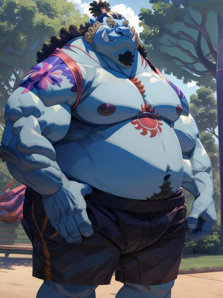 solo, 1boy, (jinbei:1.2, park, blue skin, shorts, hawaiian shirt, smile) (muscular, pectoral, chubby) (topless, shirtless), park background, masterpiece, high detailed, 8k, high resolution