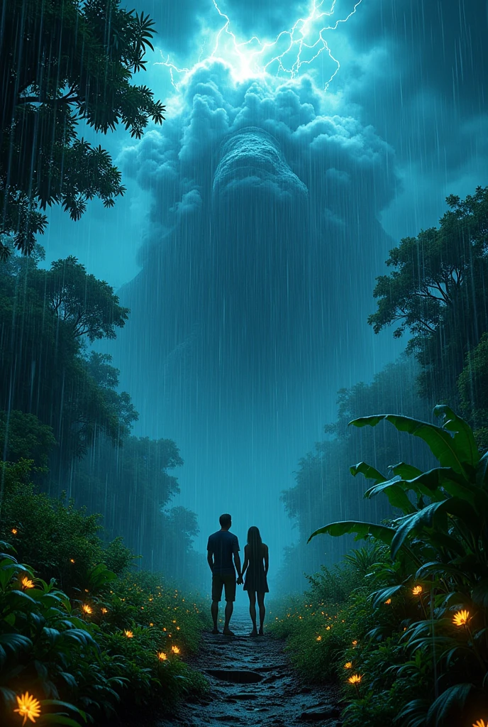 rainforest while couple against atmospheric monster while raining