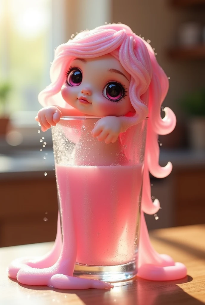 Girl kneeling on all fours moaning with white slime dripping down her body with a pink transparent bra with no bikini on