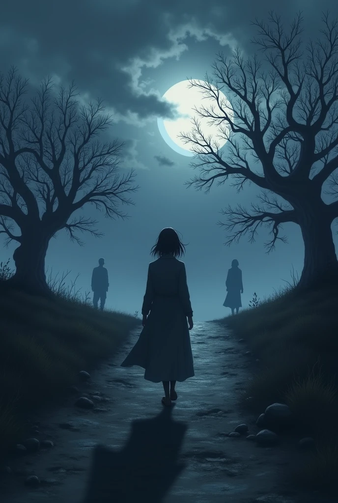 A person walking alone in a dark and cold landscape, surrounded by long shadows and dim moonlight. The atmosphere is heavy, with a sky covered in gray clouds. The person has a deep expression of sadness, as if carrying an immense burden. They move forward on a solitary path, lined with trees stripped of their leaves, symbolizing betrayal and pain. Behind them, faint silhouettes of broken promises and shattered memories fade into the night. The entire scene is bathed in shades of gray and deep blue, enhancing the melancholic mood. anime style
