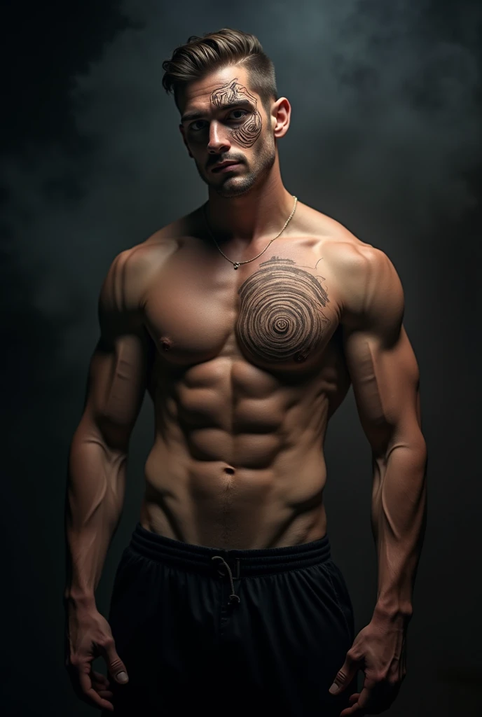 A muscular young man, detailed abs, highly detailed big pecs, exaggerated male anatomy, hypnotized expression, spirals in the eyes, photorealistic, 8k, hyper detailed, cinematic lighting, dramatic contrast, dark moody color palette