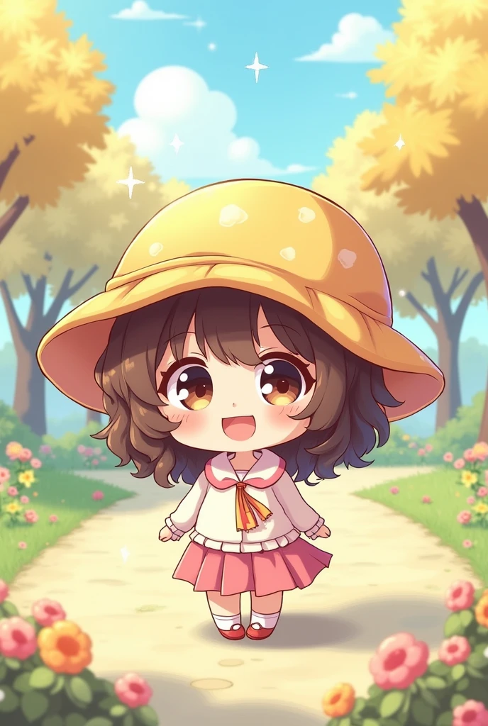 Curly brunette with cap chibi drawing
