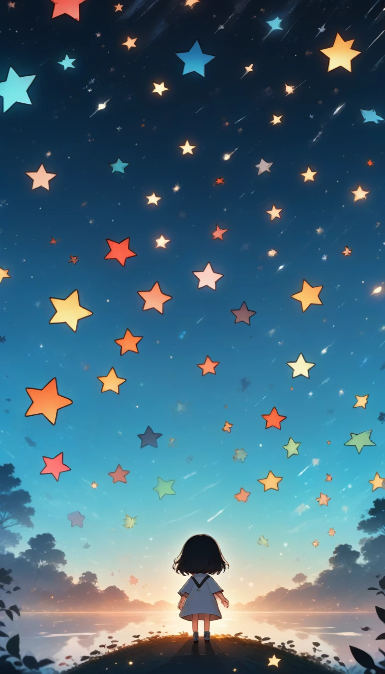 score_9, score_8_up, score_7_up, score_6_up, score_5_up, score_4_up, large amount of star-shaped objects of various colors, floating in the sky, chibi characters gazing at them, anime manga illustration cartoon style, background a lot of colorful stars