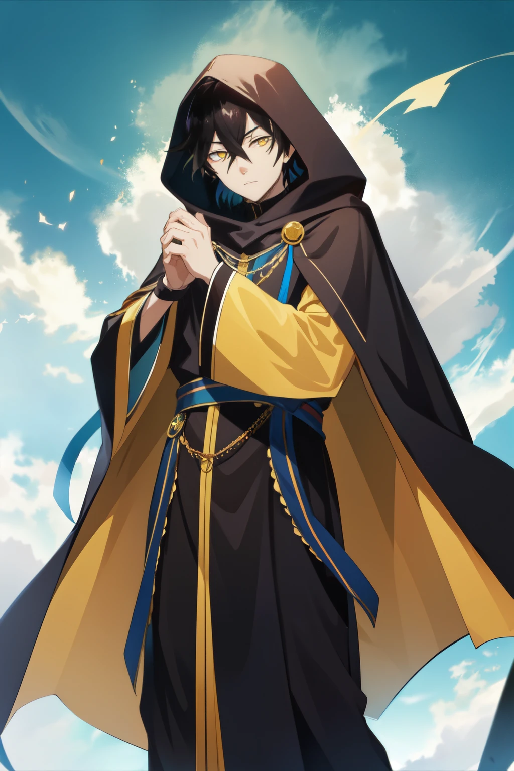 1boy, standing,solo,black hair, yellow eyes, short hair, hair between eyes Black monk uniform, black hood, black robe,, half body photo