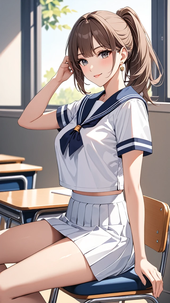 Highest quality　masterpiece　High resolution　masterpiece　Brown Bob　　Grey Eyes, high pony tail cut, wearing sailor uniform, seductive smile, tight, sit on chair, classroom, mature female, adjusting hair, earrings, 