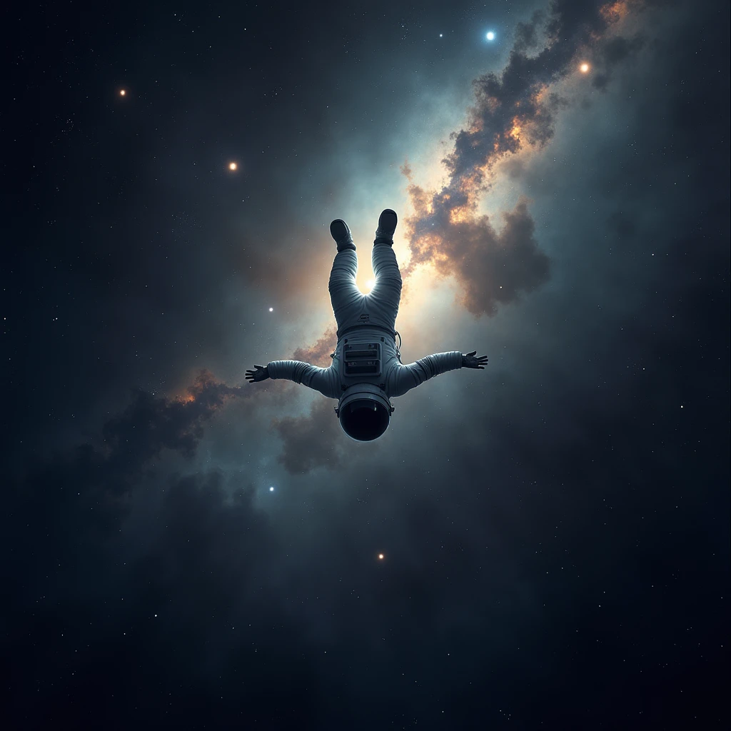 Beautiful detailed shining star、A small, lonely astronaut in a spacesuit floating in a vast starry sky、The back of an astronaut, placed upside down and very small in the center of the frame、Dramatic contrast in scale、Very detailed、Cinematic lighting、Volumetric lighting、Photorealistic、8k、Awards、Concept Art、Dramatic composition、Moody atmosphere、Deep Universe、Detailed nebula、Depth of written boundary、Godley、Realistic Textures、Intricate details、Hyperrealistic、Dramatic Shadows、Cinematic Color Palette、Beautiful lighting、masterpiece