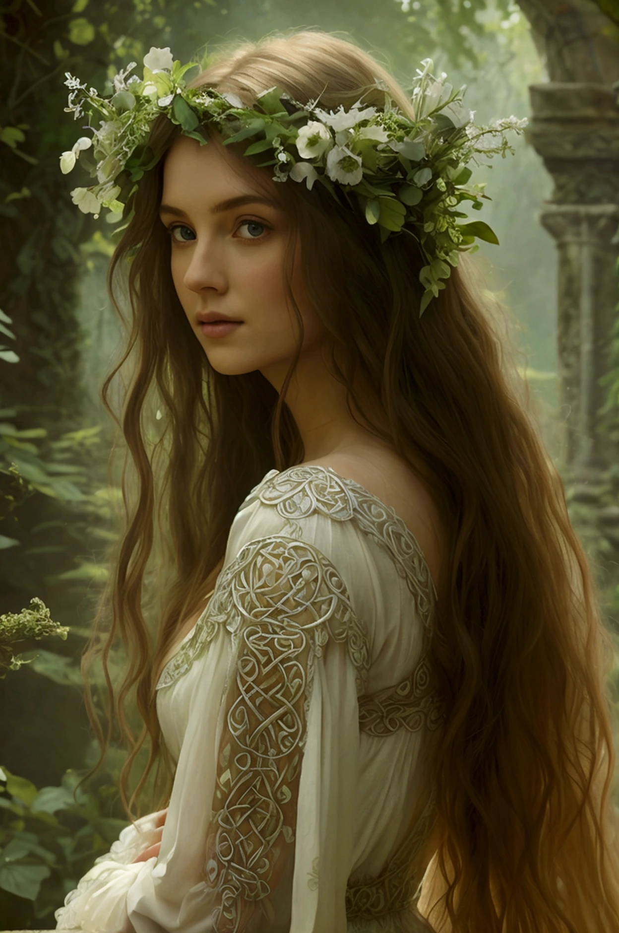 A breathtaking Celtic woman, full body, elegantly in a verdant forest, seen full length, wearing a short flowing white dress adorned with intricate silver embroidery and delicate Celtic knot patterns. Her long, wavy hair cascades down her shoulders and she wears white stockings with subtle lace details. The background is filled with ancient stone ruins and vibrant wildflowers, bathed in soft, ethereal sunlight. The scene has an enchanting, almost mystical quality reminiscent of classical painting styles such as Pre-Raphaelite art, emphasizing beauty and nature in harmony.