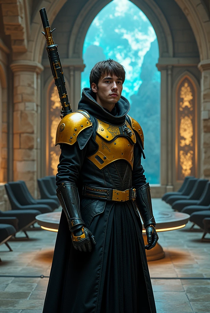 "one  men, age 26, offwhite, medium straight brown hair, with a futuristic aesthetic, staring straight ahead. Wears hybrid armor, combining black leather elements and yellow metal plates, with a flowing black overcoat on top, covering most of the armor. Stuck on your back, a futuristic stick with neon accents, emitting a soft, pulsating light. Scenario: A medieval hall, with high, vaulted ceilings, stone walls covered in holographic screens displaying alien landscapes. In the center of the hall, a round metal table, lit from below, and futuristic chairs.