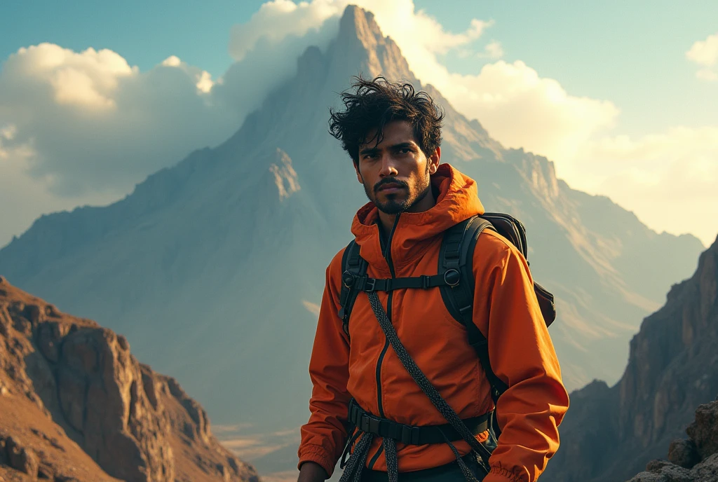 "Depict a brave historian named Aditya, dressed in climbing gear, standing at the base of the mountain, looking up with determination. Show him ready for an adventurous climb."