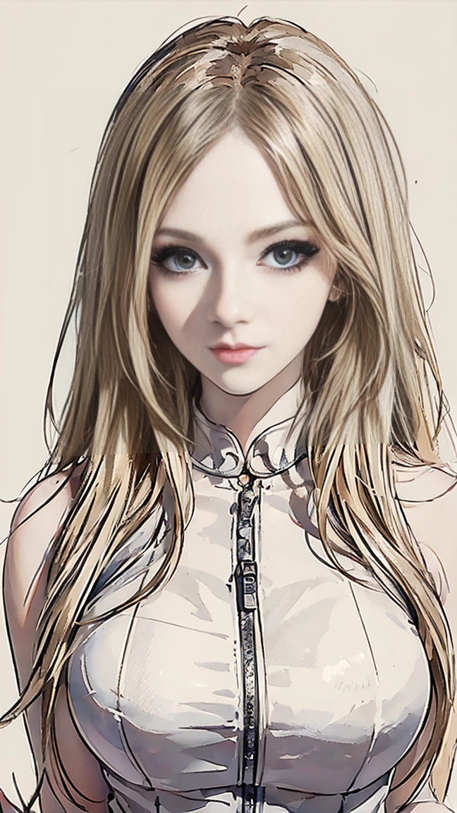 ((masterpiece,Highest quality,8k,High resolution)),((Character Concept Art)), 1 female, young woman, Instagram Model, Fashion Model, 18-year-old, (Long, curly blonde hair), Blonde, (Fair skin color), Very detailed eyes (Blue Eye Color), sexy, Elegant, Charm, Smart, Calm, Perfect physique ((slim)), ((Intricate details)), Very finely crafted needles, Very finely crafted fingers(((10 fingers))), A white tweed jacket from a luxury brand、White and black tank top、Wearing a white tweed mini skirt (still), (Full-body showcase), (Show whole body), (No logos on background), (No logo), ((Plain background)), ((Plain background)), (((Sky Background)))One huge breasted girl,Age 28,Stand on your own two feet,Wearing a suit,Hold a folder in your hand,Gentle facial expressions,Captivating eyes,Straight hair,Calm姿勢,Porcelain-like skin,A faint blush,White wall,Super detailed,Official Art,unity 8k wallpaper,2.5D thick coating,Characters shrink,Full body photo,Wearing high heels