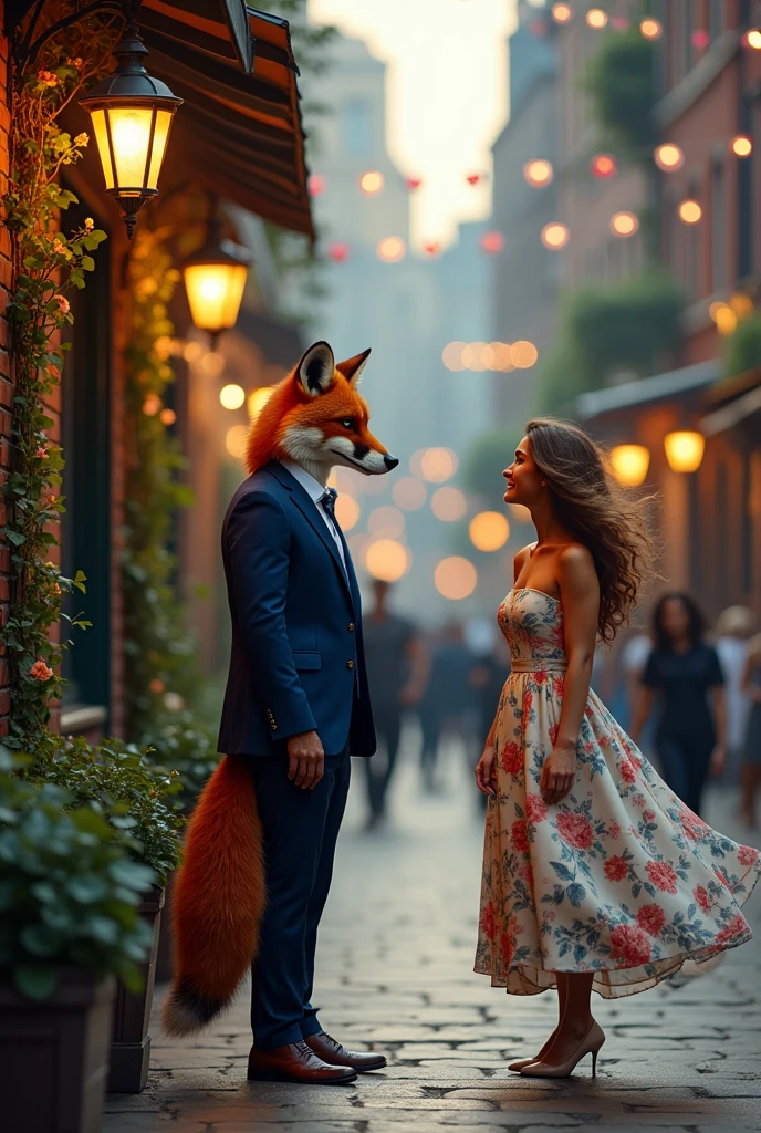 Create a fox wearing a suit looking at a girl walking past him