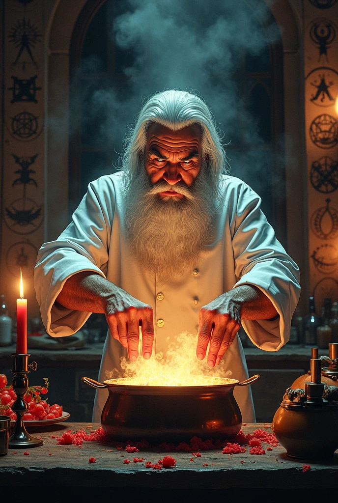 90's comic style wizard with white chef jacket preparing things with white beard and white hair, mystical and dark, hellish kitchen background, staring in sepia colors, mixing things, all a tarot character