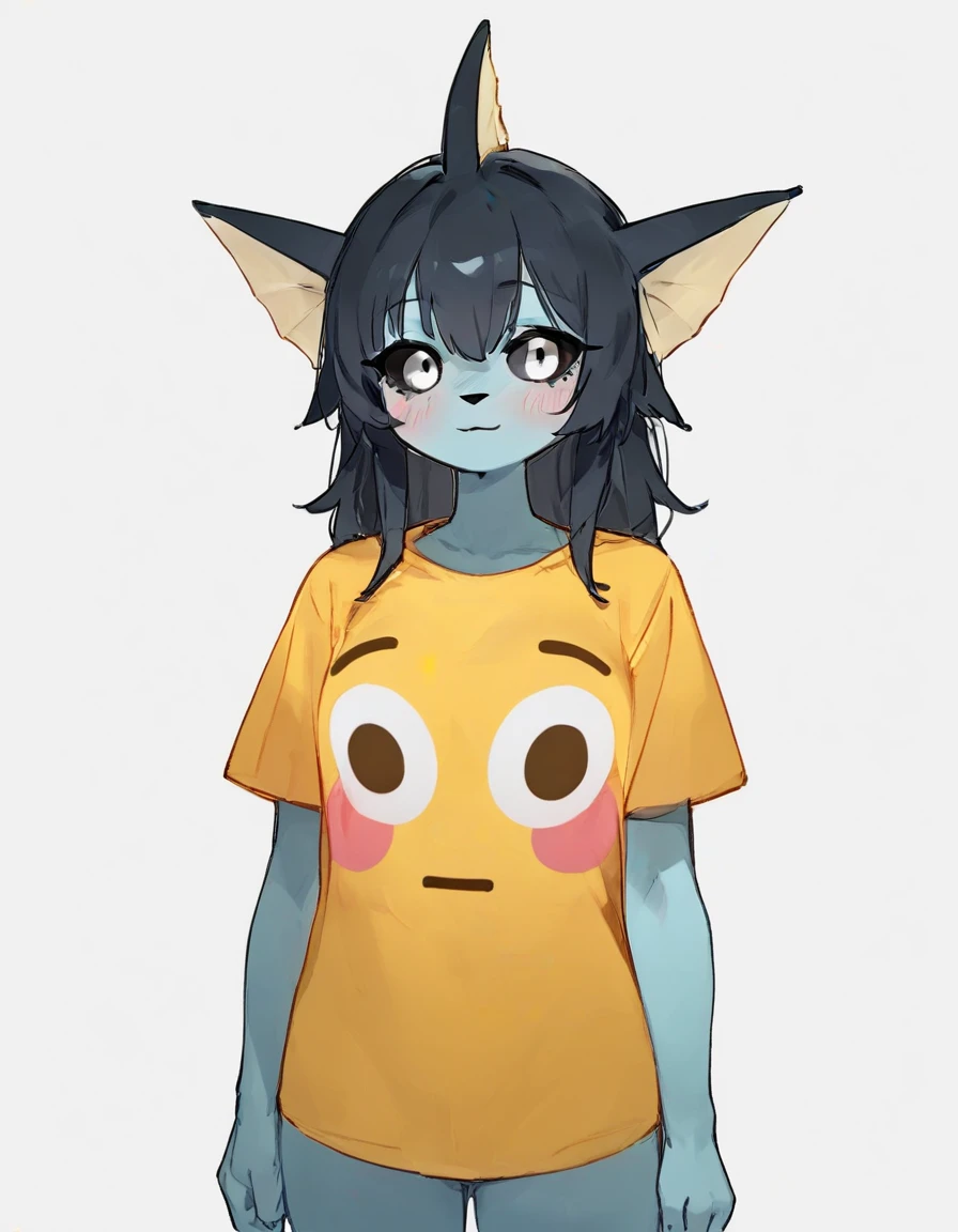 alone, score_9,score_8_up,score_7_up, anthro female vaporeon, black sclera, white eyes, standing, flushed_emoji_shirt, simple background, t-shirt