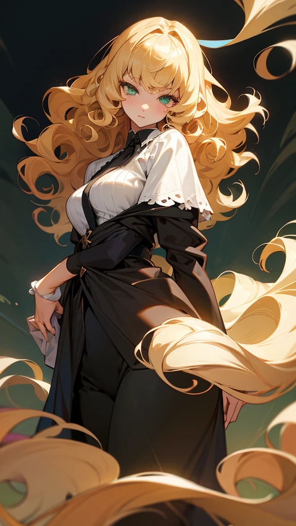 Tall blonde woman, greeneyes, curly hair, black leagwear