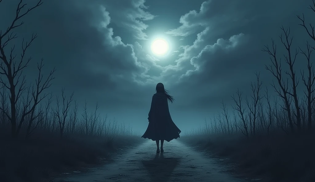 A person walking alone in a dark and cold landscape, surrounded by long shadows and dim moonlight. The atmosphere is heavy, with a sky covered in gray clouds. The person has a deep expression of sadness, as if carrying an immense burden. They move forward on a solitary path, lined with trees stripped of their leaves, symbolizing betrayal and pain. Behind them, faint silhouettes of broken promises and shattered memories fade into the night. The entire scene is bathed in shades of gray and deep blue, enhancing the melancholic mood. anime style