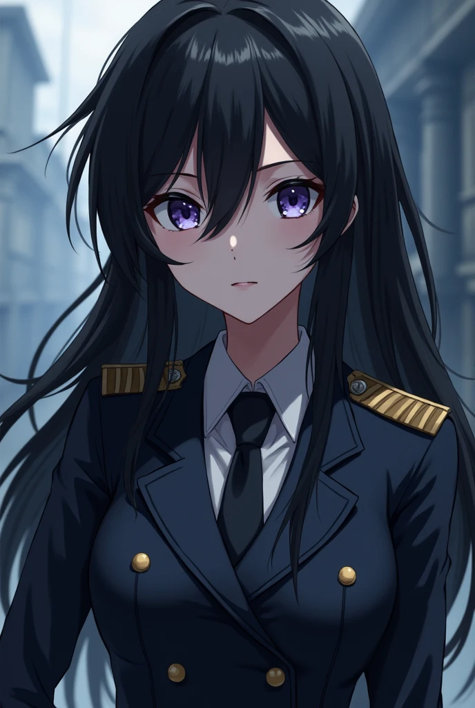 An anime girl, ruffled long hair, black hair, beautiful, lazy look, bored eyes, military uniform, half body, cold, dark theme, cool pose, blue violet eyes