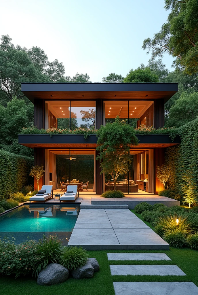I have a 480 m2 plot of land. I want a house that looks luxurious and modern from the front. But it should be more of a green patio than a house.