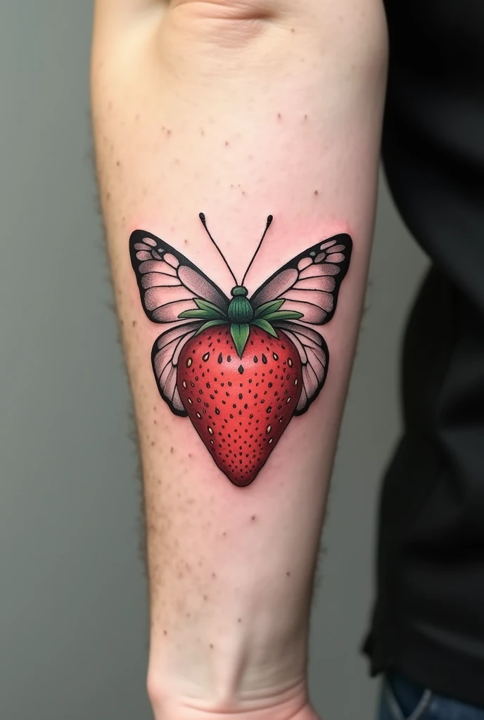 A minimalist and creative 10cm black and white masculine tattoo featuring a strawberry and a butterfly