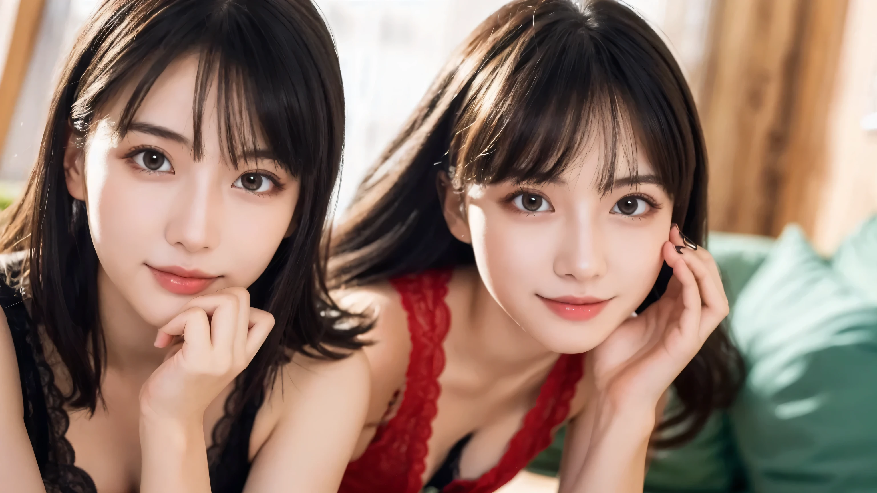 (8k, RAW Photo, Best Quality, Masterpiece:1.2), table top, Ultra Detail, Super Resolution, (Realistic, Realistic Photo:1.37), Portrait, High Detail RAW Color Photo, Professional Photo, Extremely Detailed and Beautiful, Extremely detailed, 8k wallpaper, amazing and detailed, huge file size, official art, highly detailed CG unity 8k wallpaper, highly detailed beautiful girl, highly detailed face, highly detailed eyes, highly detailed skin, highly detailed fingers, highly detailed nose, very detailed detailed mouth , perfect anatomy, highly detailed background, highly detailed clothes, 1girl, 17 year old girl, cute girl, realistic body, fair skin, glowing skin , slim body, handsome body, black hair , semilong hair, (blunt bangs:1.2), smile, cute, youthful, cute face, realistic face, delicate eyes, drooping eyes, looking at viewer, facing front, standing posture, Contraposto, dynamic lighting, (medium chest), (Perfect Body Proportions), (slender Body Proportions), (bedroom), super sexy pose, ((colorful lingerie)),