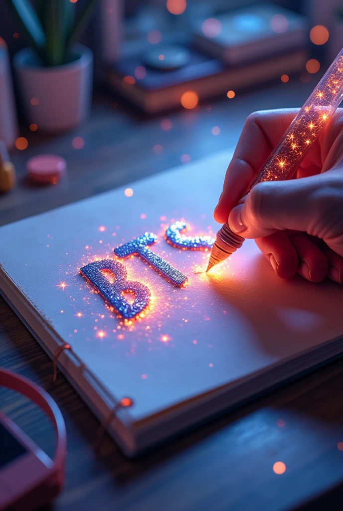 Fascinating, hyper-realistic 16K 3D illustration captures a magical moment of pure creativity. An artist is skillfully depicting a message, "BTS -- Jin -- Rm -- Suga -- Jhope -- Jimin -- V -- Jungkook. ", In the notebook. The text is composed of Energetic, The color of the sepia star smoothly transitions across the spectrum. Artist's Hand, Holding a transparent pen filled with bright stars, Exquisite details, Symbolizes unlimited creativity and imagination. The background is a 3D sketchbook setting,Scattered throughout, For this charming, gameffiti-inspired scene. The illustration radiates energy, move, and Energetic colors, Making it a true work of art that celebrates creativity and imagination., game, Movie, Energetic, gameffiti, , typogamephy, product, illustration, photo, 3D Rendering, Fashion, Dark Fantasy