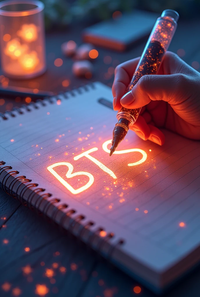 Fascinating, hyper-realistic 16K 3D illustration captures a magical moment of pure creativity. An artist is skillfully depicting a message, "BTS -- Jin -- Rm -- Suga -- Jhope -- Jimin -- V -- Jungkook. ", In the notebook. The text is composed of Energetic, The color of the sepia star smoothly transitions across the spectrum. Artist&#39;s Hand, Holding a transparent pen filled with bright stars, Exquisite details, Symbolizes unlimited creativity and imagination. The background is a 3D sketchbook setting，Scattered throughout, For this charming, gameffiti-inspired scene. The illustration radiates energy, move, and Energetic colors, Making it a true work of art that celebrates creativity and imagination., game, Movie, Energetic, gameffiti, , typogamephy, product, illustration, photo, 3D Rendering, Fashion, Dark Fantasy