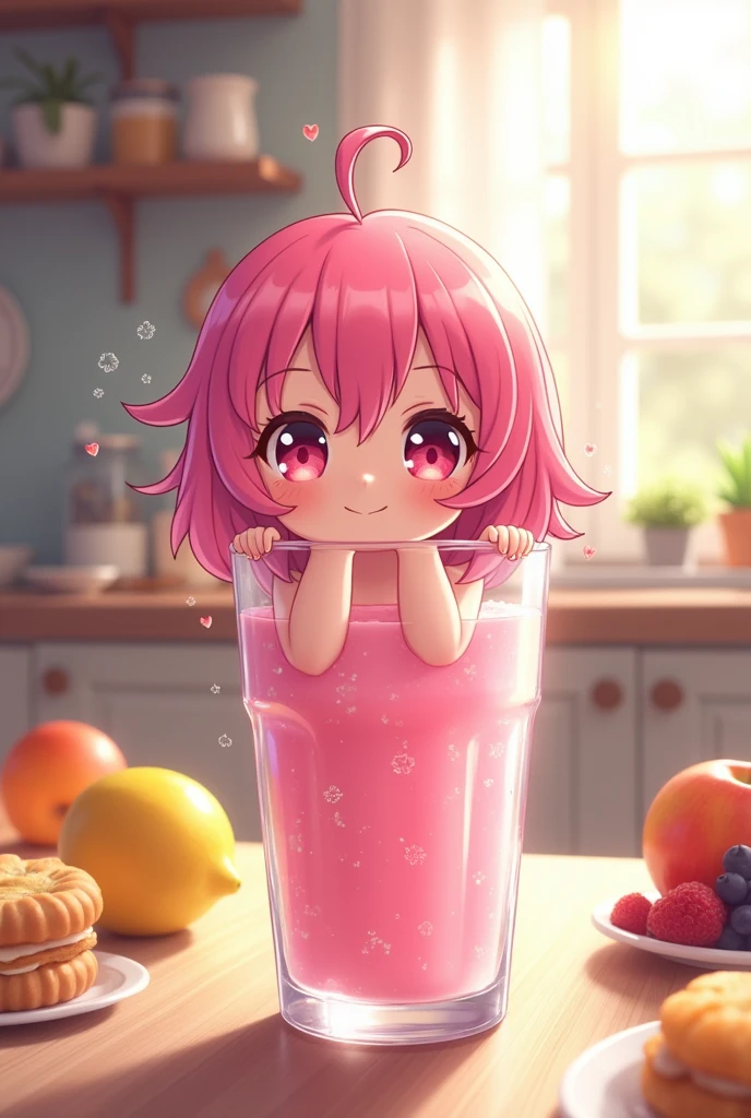 Pink anime young woman slimegirl in a drinking glass