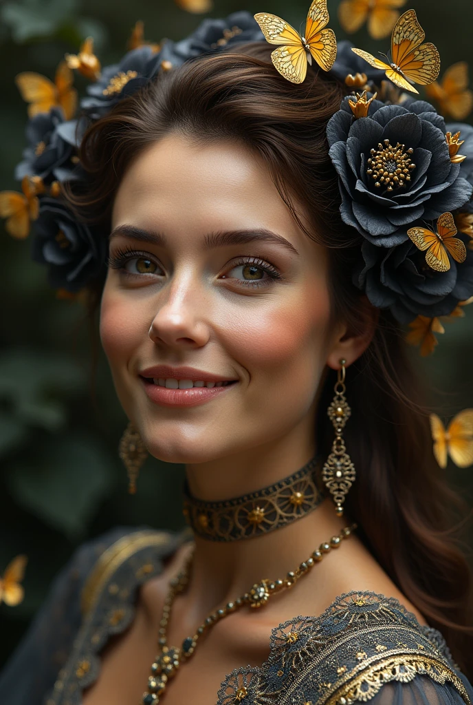 A full-body shot of a very Norway beautiful woman smile, hyperdetailed faces, rendered in the ultra-detailed style of fractal art, now infused with the enchanting touch of Benjamin Lacombe. The mesmerizing and colorful display captures her in meticulous detail, from the delicate lace adorning her attire to the elegant jewelry enhancing her beauty. Surrounding her are blooming black flowers, their dark elegance contrasting vibrantly with the scene. Intricate golden butterflies flutter gracefully around, adding a whimsical yet harmonious element to this visually stunning composition, masterpiece, UHD, 18K