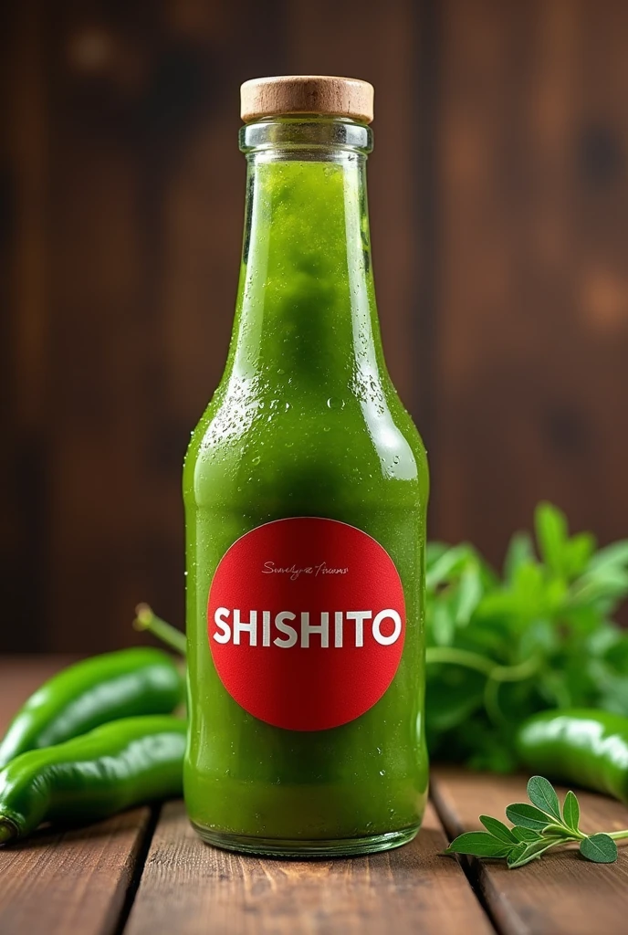 Generate a bottle with a red label that says shishito