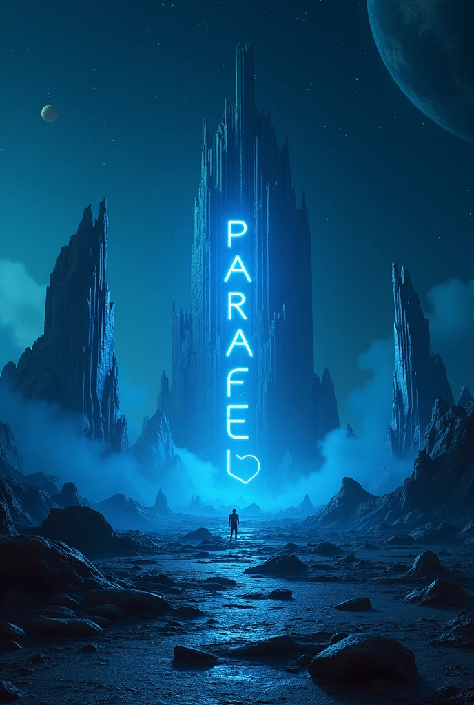 Floating geometrical shapes floating above ground on an otherworldly alien landscape where ancient ruins crafted from intricate 3D geometrical shapes stand as silent sentinels of a long-forgotten civilization. The word "PARATECH" with futuristic font is on the center of the landscape emerging from the ground and the letters are from blue neon lamps like a 3D neon logo sign. It's night and the sky is pitch black full of sharp stars and planets. Realistic, hyperrealism, high resolution, extreme quality, volumetric lighting, extreme details, sharp details, photorealistic, 4k hdr