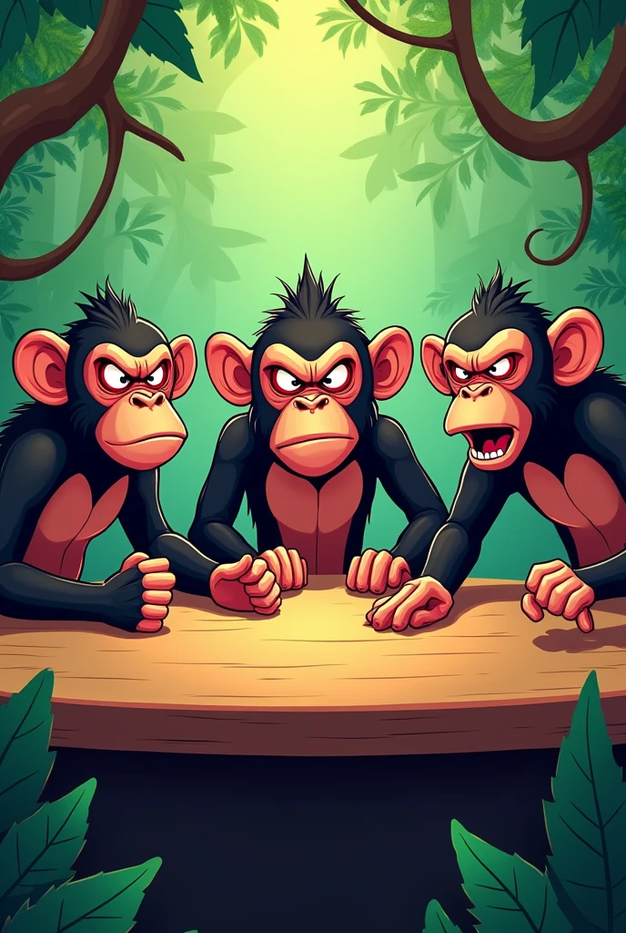 A LOGO OF SEVERAL VERY ANGRY, RED-EYED MONKEYS ARRAGING AT A TABLE IN CARTOON STYLE