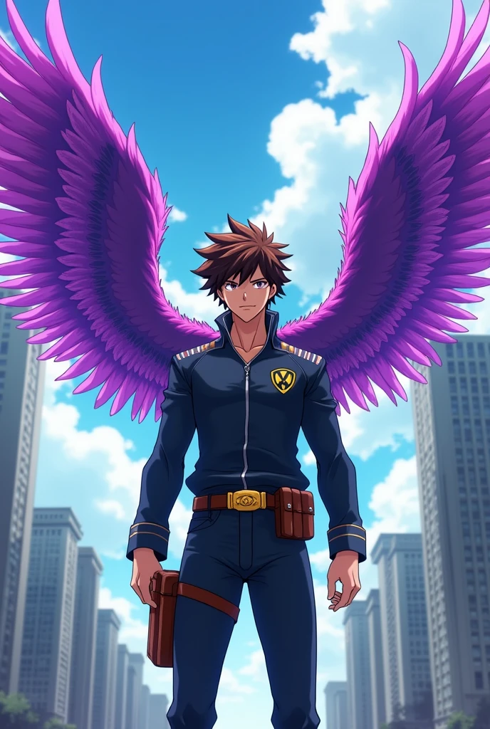 Male character of bokuno hero with purple wings and brown hair with yellow tips