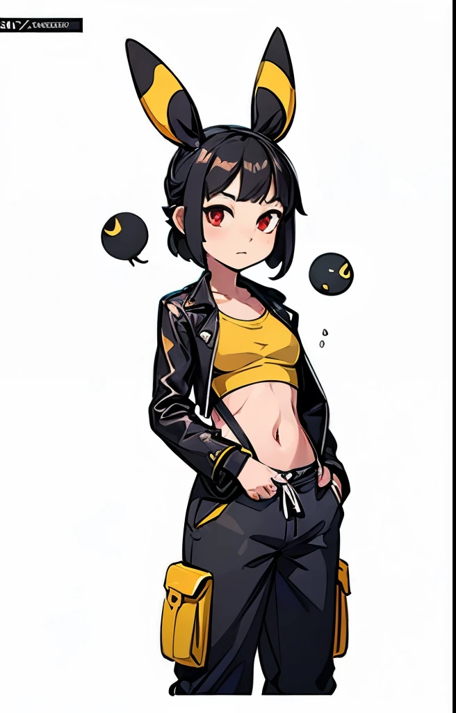 a woman wearing an open black leather jacket, a pink top that goes down to the navel, black cargo pants with yellow stripes on the sides and yellow suspenders hanging down, Umbreon ears, red eyes, black hair, bubble butt, highly detailed, 8k, photorealistic, masterpiece, volumetric lighting, cinematic composition, dramatic lighting, intricate details, hyper-realistic, award-winning, digital art, concept art, big hips