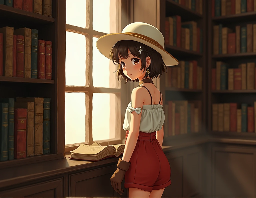 (masterpiece:1.3), (Best Quality:1.3),inside,Bookshelf,window,Alone,1 girl, journey_black beer, Upper part of the body, standing,Brown hair, Brown eyes, Alone, hairclip, earrings, jewelry, short_hair, white_Hats, has, hair_ornament, Brown_gloves, collar, short_shorts, x hair ornament, red shorts, braid,